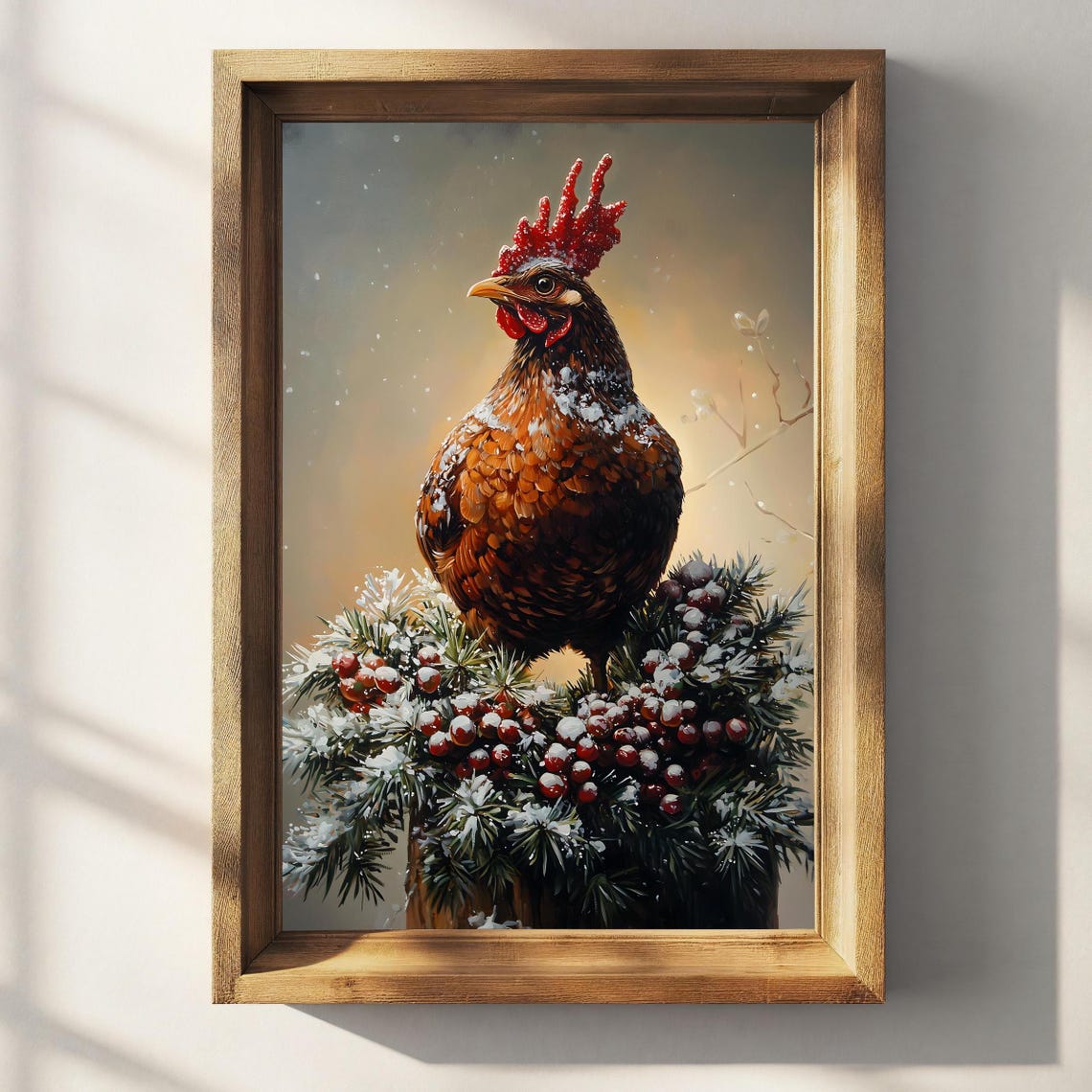 Vintage Christmas Chicken Snowy Pine Branch Red Berries Farm Poster