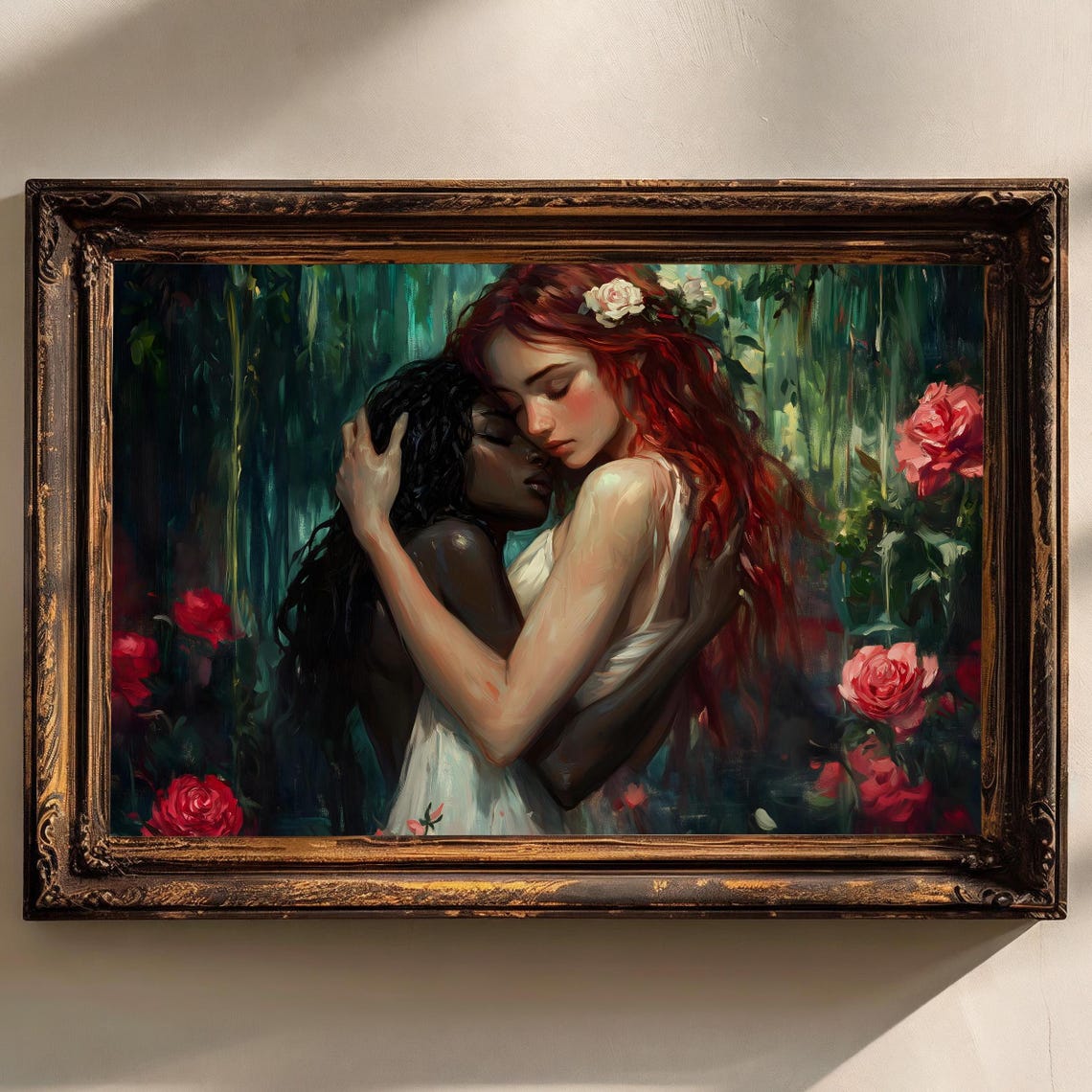 Embracing Lovers In Dark Rose Garden Romantic Moody Fine Art Print