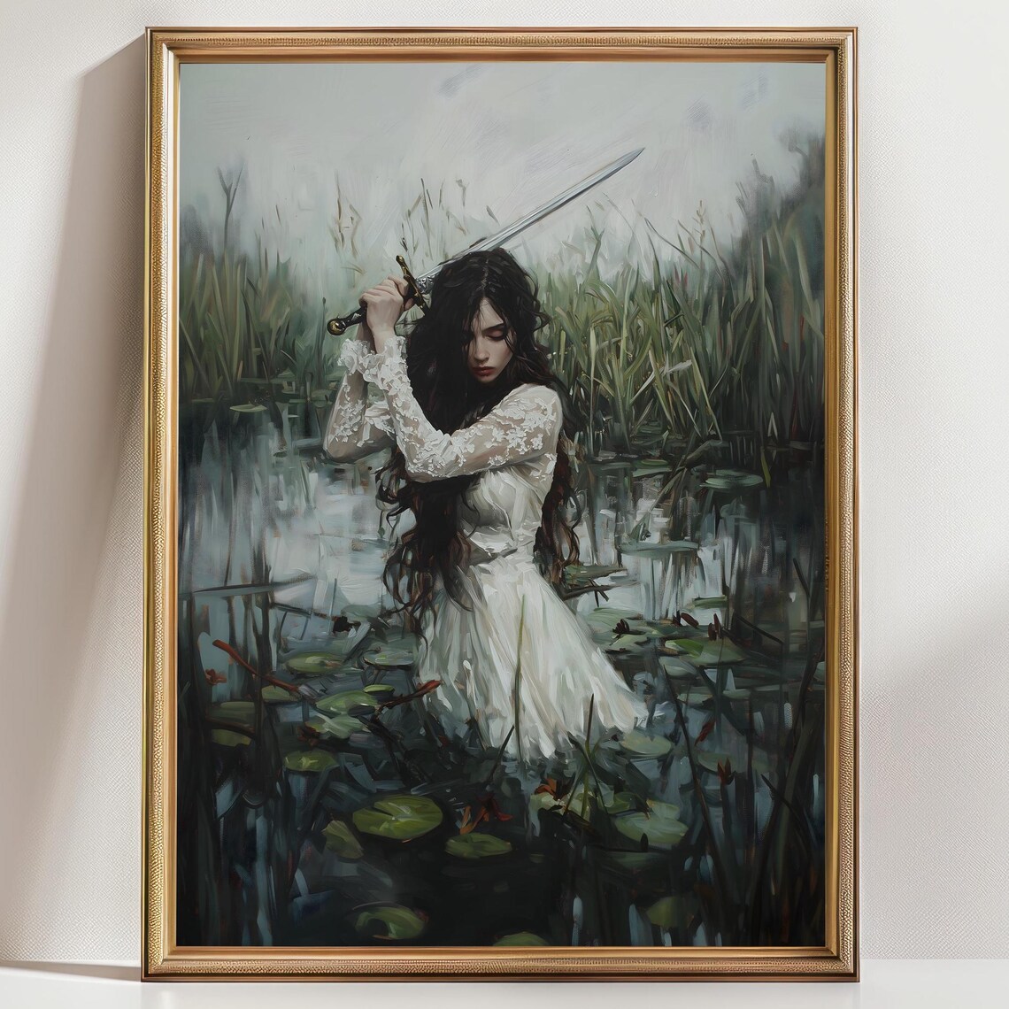 Warrior Woman Raised Sword Misty Reeds Pond White Gown Fantasy Poster