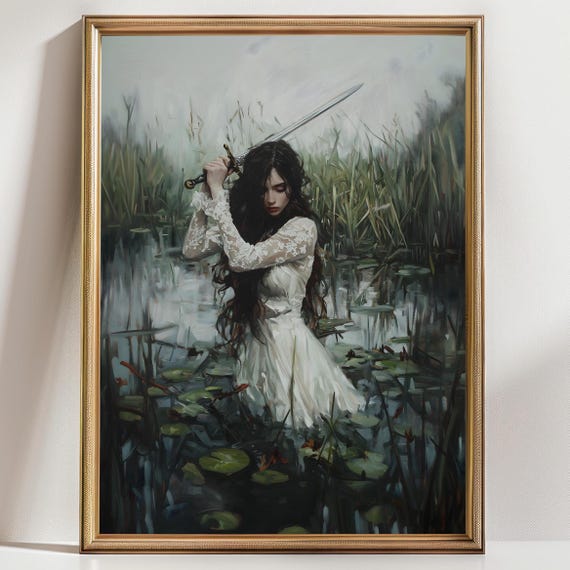 Female Knight Victorian Decor Dark Academia Print The Lake Goth Moody Victorian Wall Art Dark Decor Aesthetic Woman With Sword Print