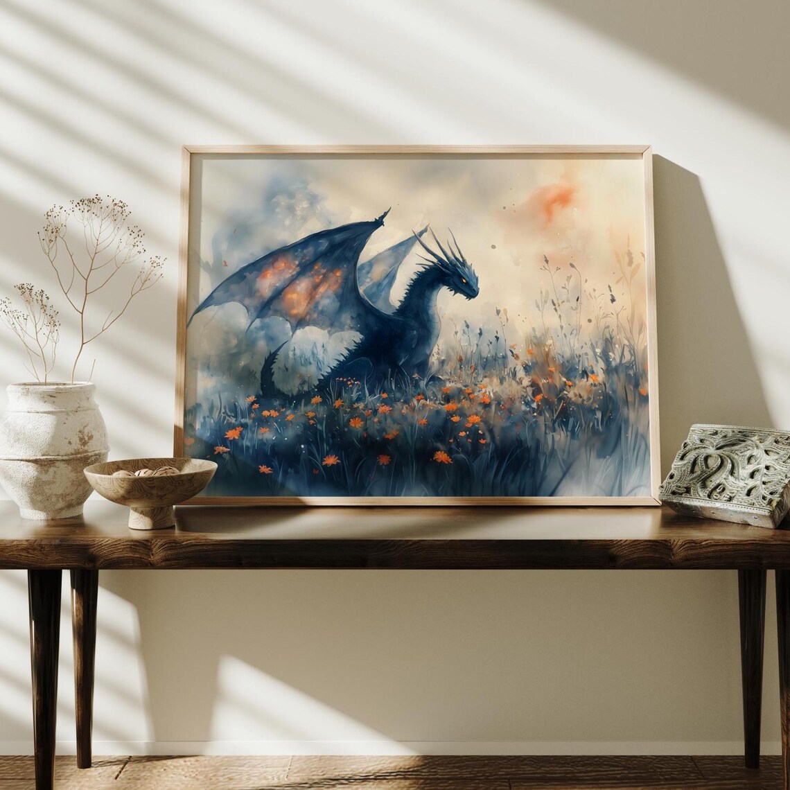 Navy Dragon Among Orange Wildflowers Fantasy Watercolor Art Poster - Image 3