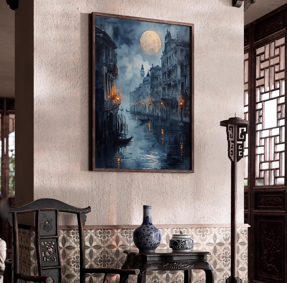Venice Italy Full Moon Over Misty Canal Gondolas Night Watercolor Poster - Image 2