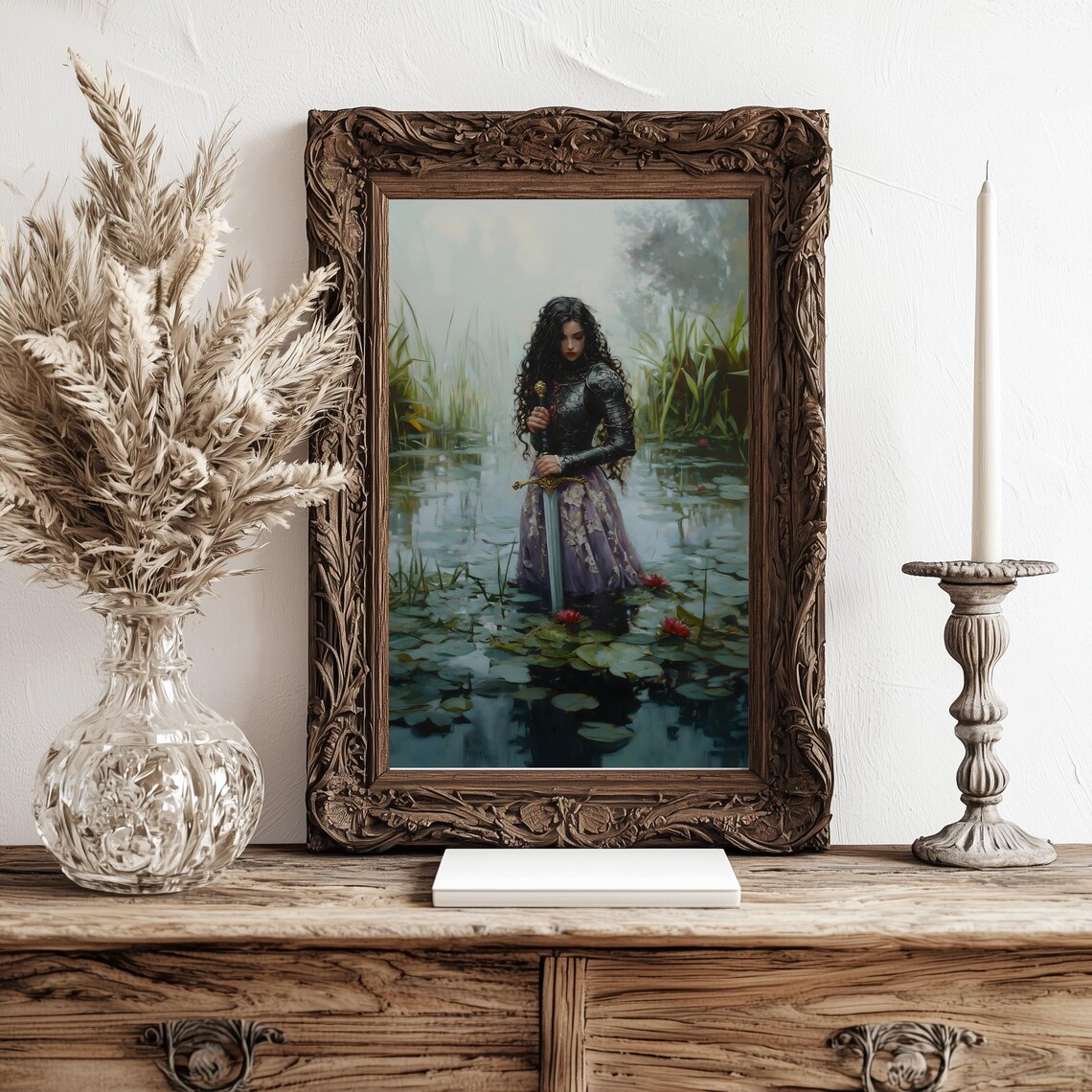 Female Knight Sword Misty Lily Pond Fantasy Gothic Oil Painting Print - Image 2