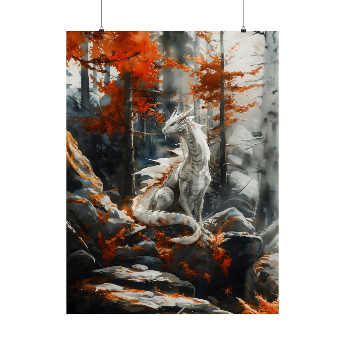 Forest White Dragon Watercolor Poster, Dark Academia - Image 2