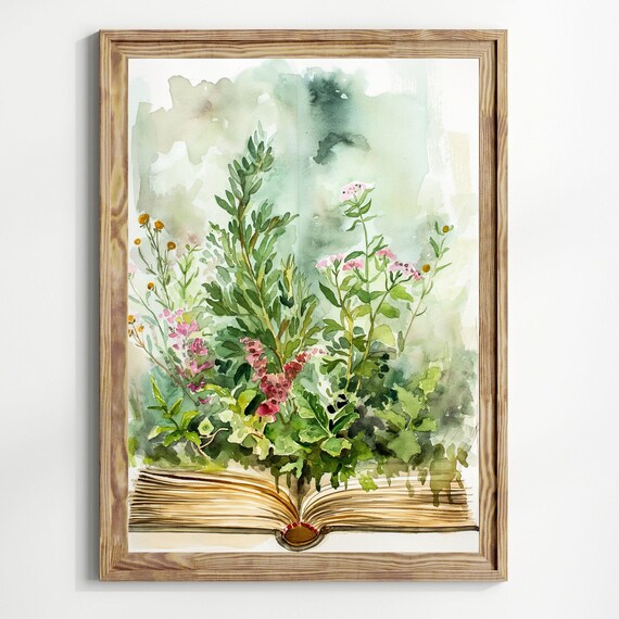Open Book Sprouting Wildflowers Watercolor Bookish Botanical Reading Art Print
