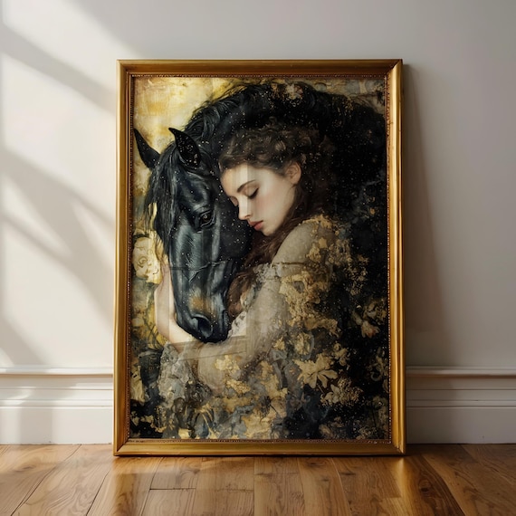 Woman Embracing Black Horse Golden Dark Romantic Equestrian Art Poster