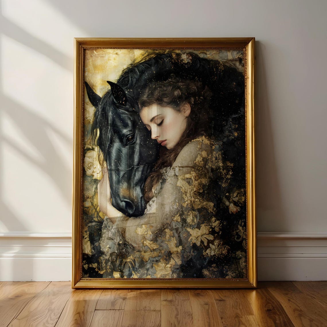 Woman Embracing Black Horse Golden Dark Romantic Equestrian Art Poster