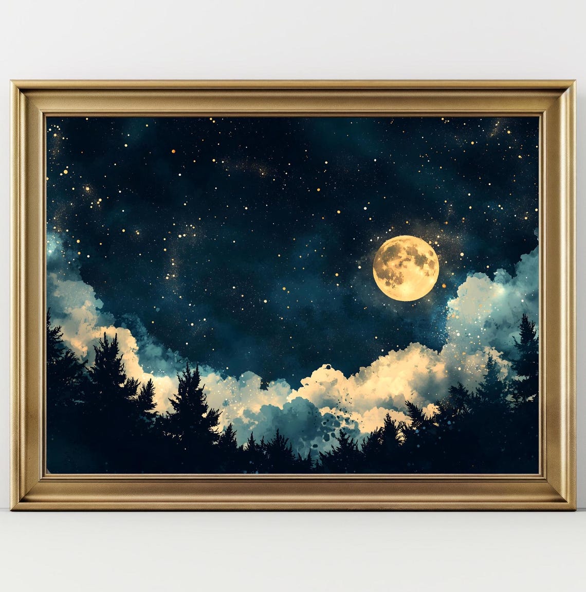 Celestial Full Moon Starry Night Pine Forest Gold Teal Art Print - Image 3