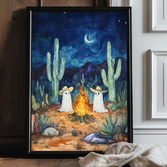 Cowboy Ghosts Campfire Desert Night Cacti Crescent Moon Western Poster