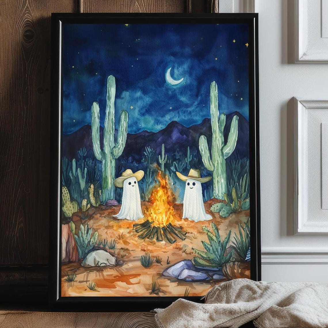 Cowboy Ghosts Campfire Desert Night Cacti Crescent Moon Western Poster
