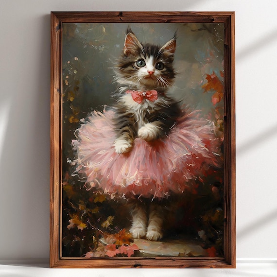 Tabby Kitten Pink Tutu Bow Autumn Leaves Ballerina Cat Art Print