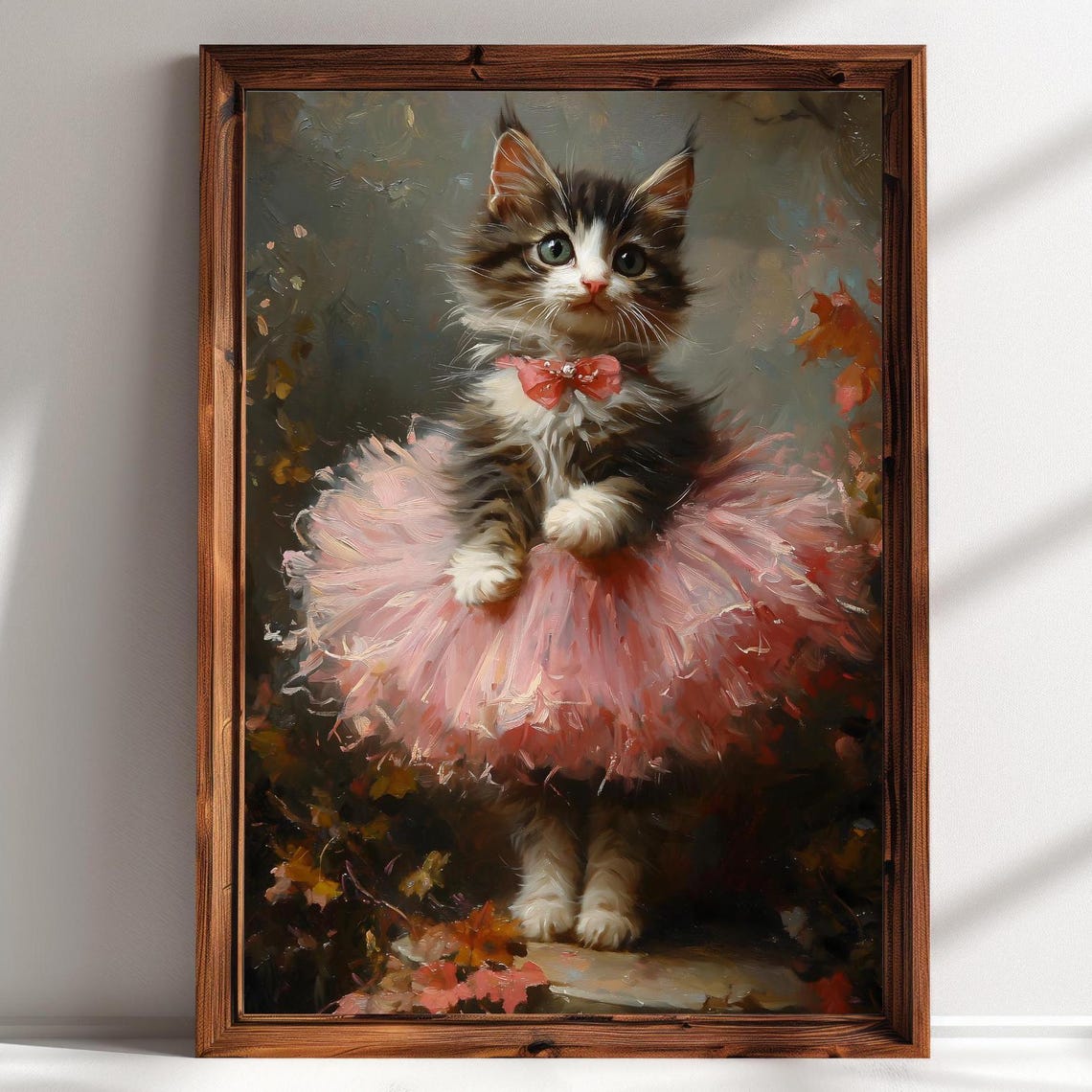 Tabby Kitten Pink Tutu Bow Autumn Leaves Ballerina Cat Art Print