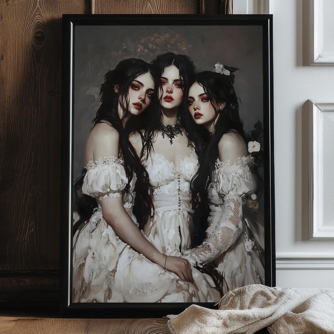 Three Vampire Sisters White Gown Dark Gothic Oil Painting Art Print