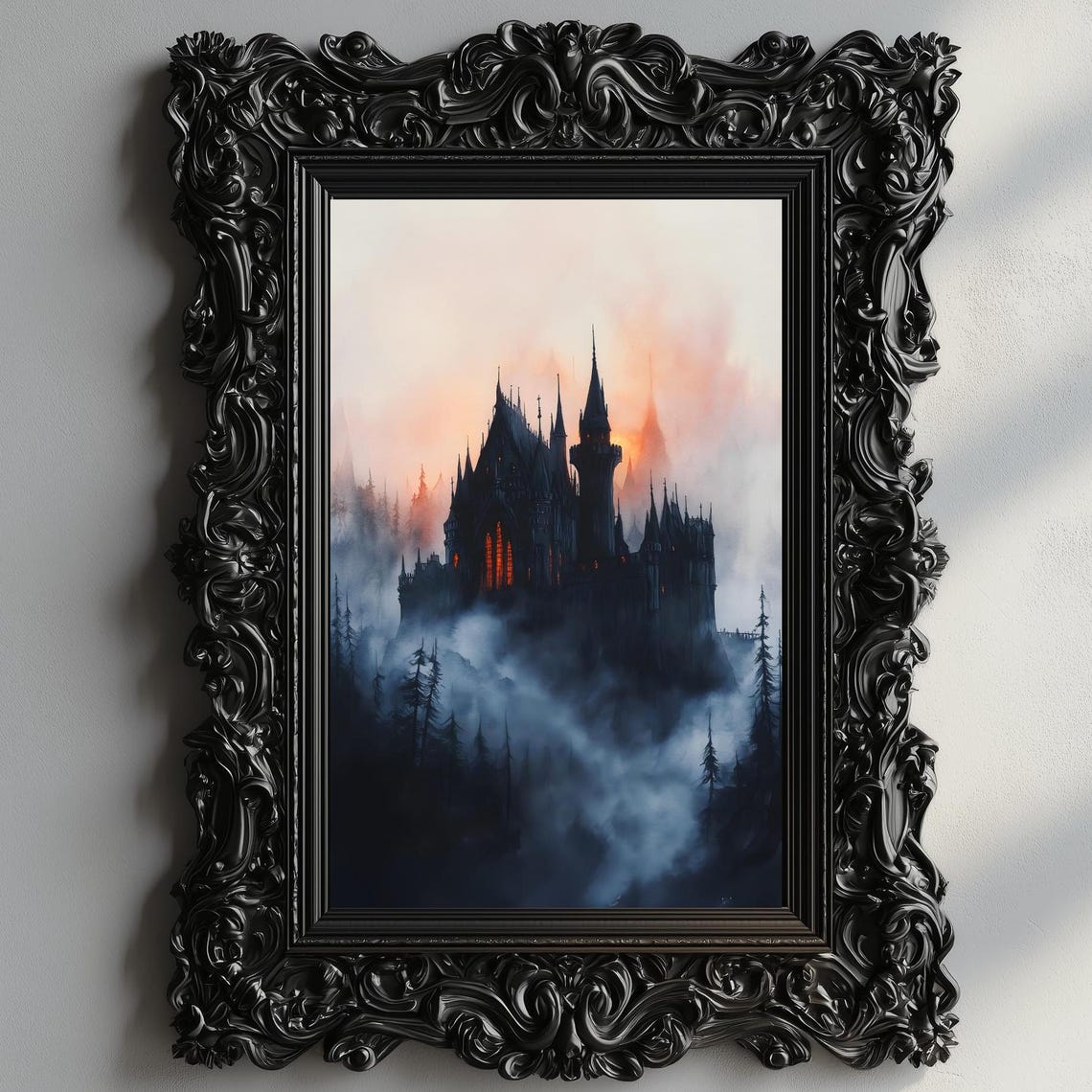 Dark Castle Fog Glowing Windows Pink Dawn Sky Gothic Watercolor Poster