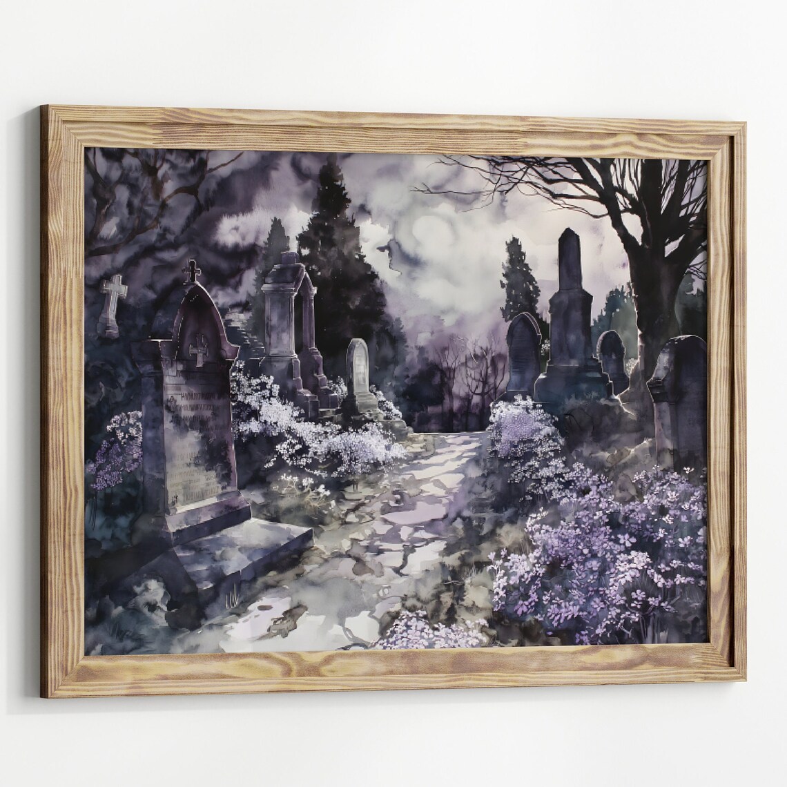 Moody Moonlit Graveyard Cemetery Purple Fog Watercolor Art Print - Image 3