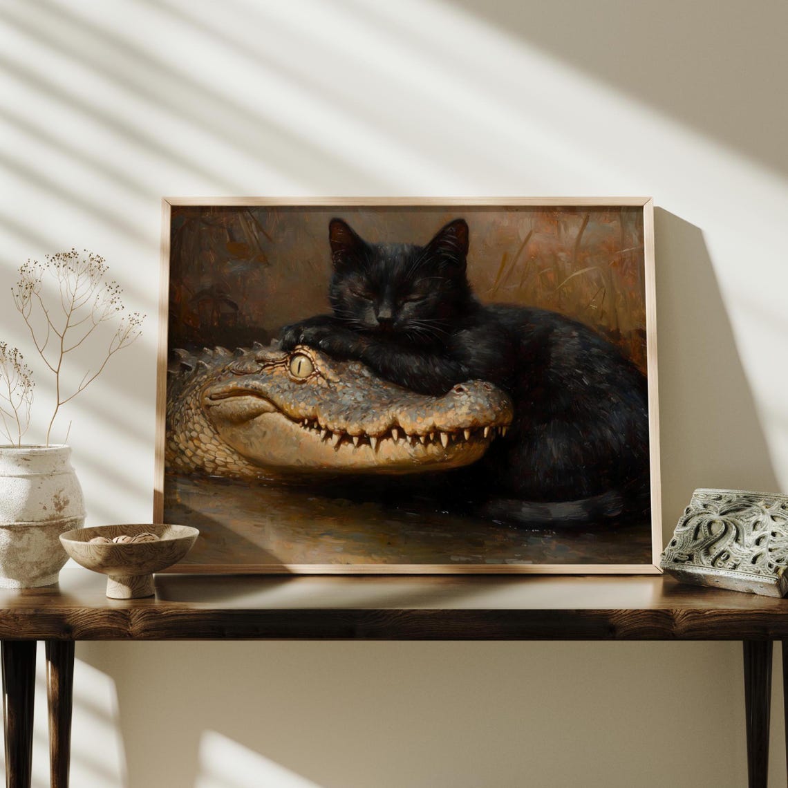 Black Cat Cuddling Alligator Funny Vintage Oil Painting Poster