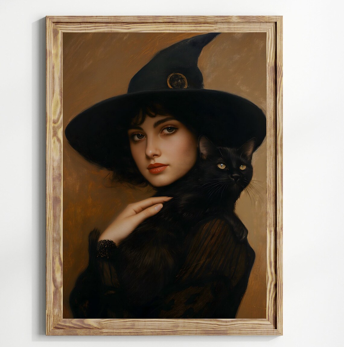 Moody Witch Portrait With Black Cat Wide Brim Hat Gothic Victorian Poster