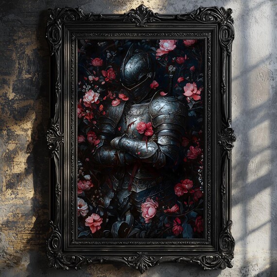 Medieval Knight Floral Art Print Knightcore Fantasy Art Fantasy Maximalist Decor Dark Academia Print Goth Moody Victorian Wall Art