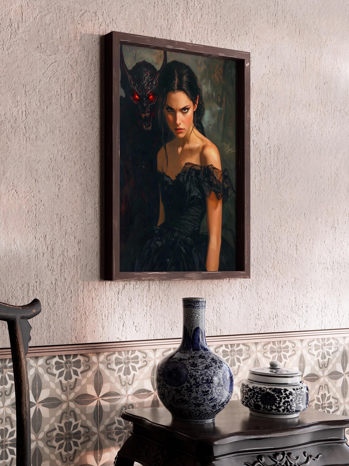 Gothic Beauty With Red Eyed Demon Dark Victorian Horror Art Poster - Image 2