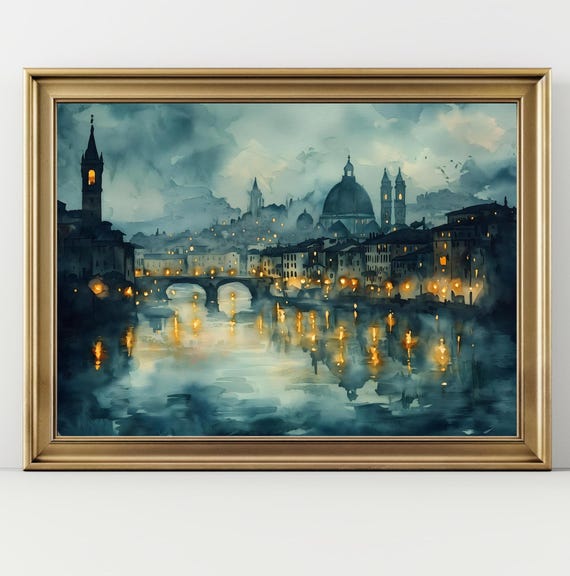 Victorian Italian City Landscape Moody Watercolor Dark Wall Art Dark Academia Decor Gothic Painting Watercolor Landscape