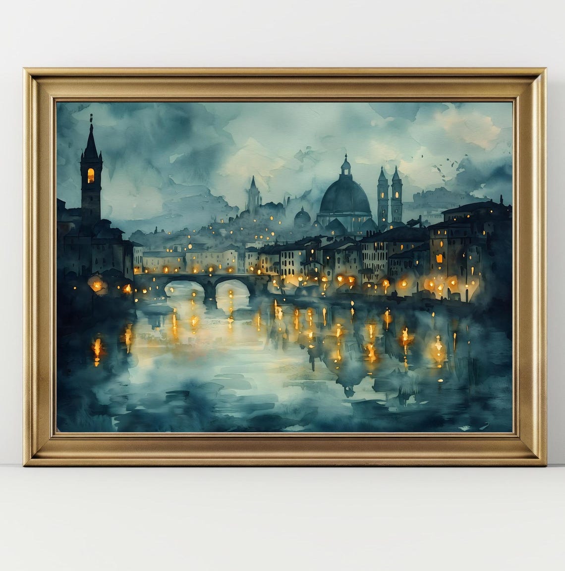 Florence Italy Night River Dome Skyline Moody Watercolor Art Poster