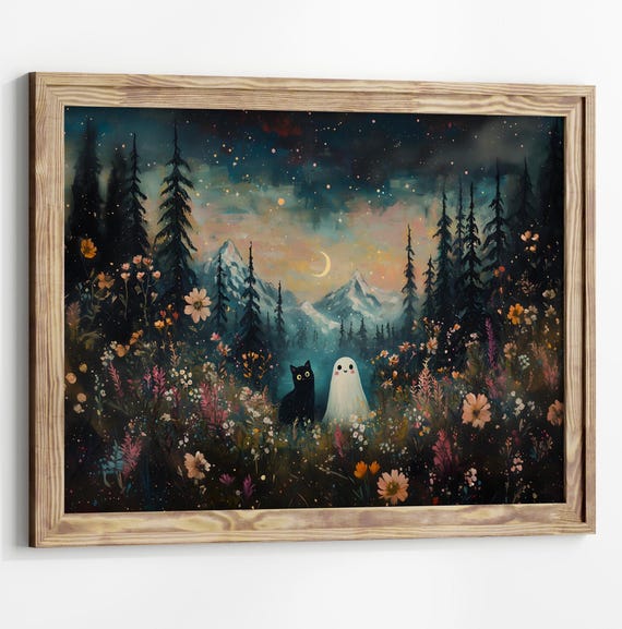 Ghost and Black Cat Meadow Art Print, Halloween Decor