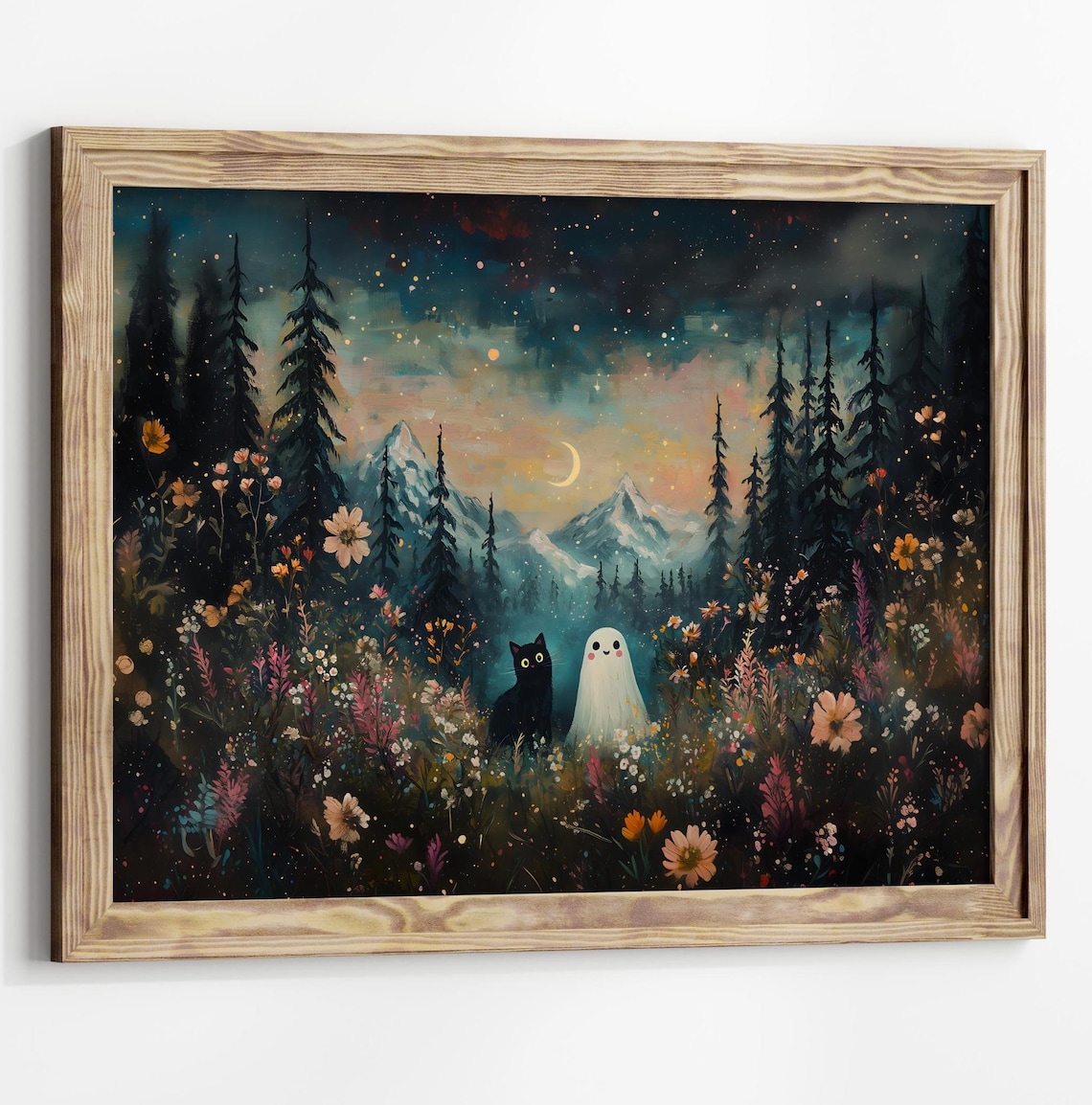 Ghost and Black Cat Meadow Art Print, Halloween Decor
