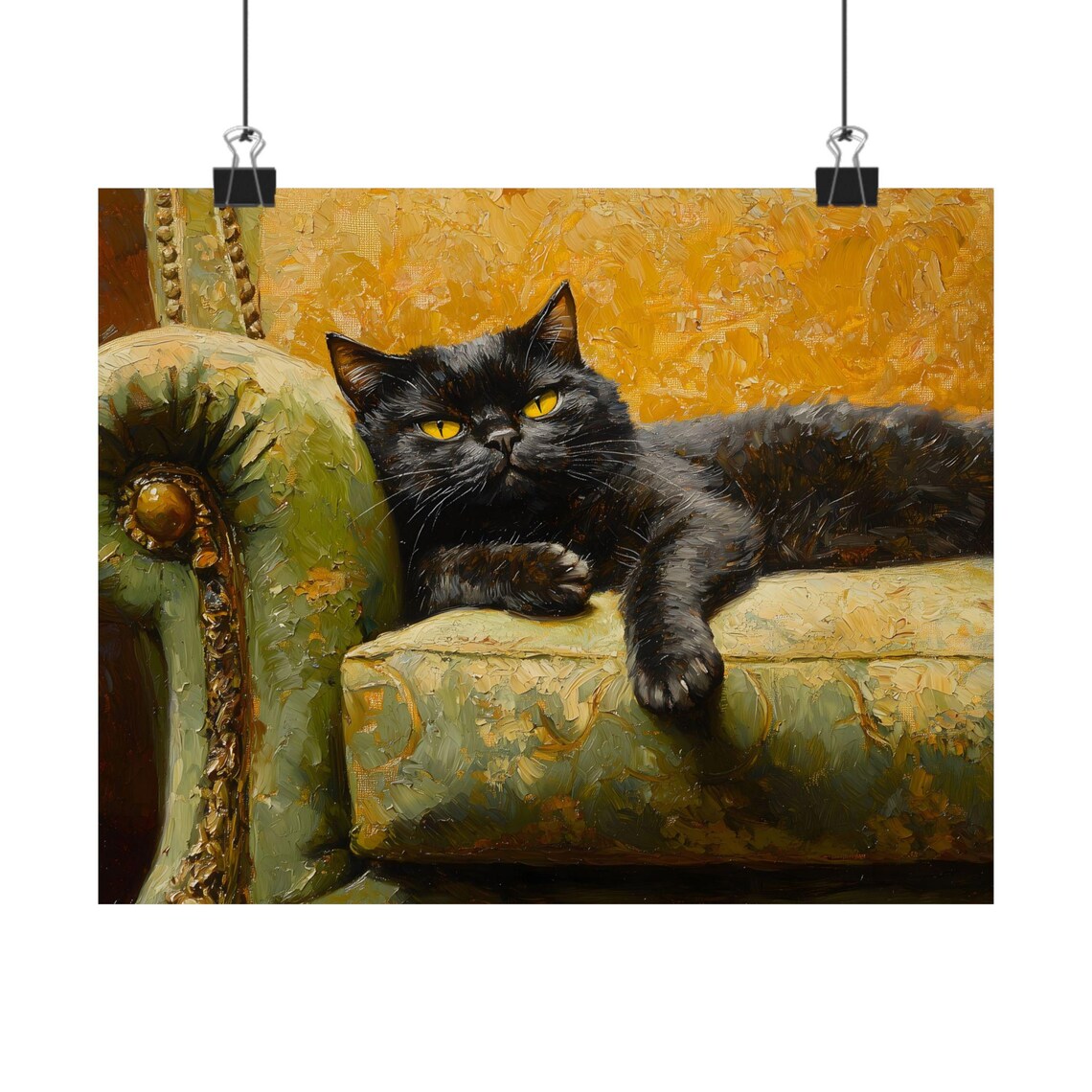 Black Cat Golden Eyes Vintage Chaise Lounge Portrait Oil Painting Poster - Image 2