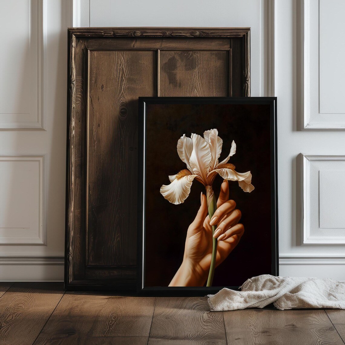 Hand Holding Cream Iris Flower Dark Background Moody Botanical Art Print - Image 3