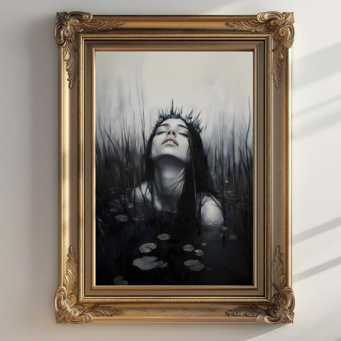 Ophelia Dark Crowned Woman Floating Lily Pads Black Water Gothic Poster - Image 2