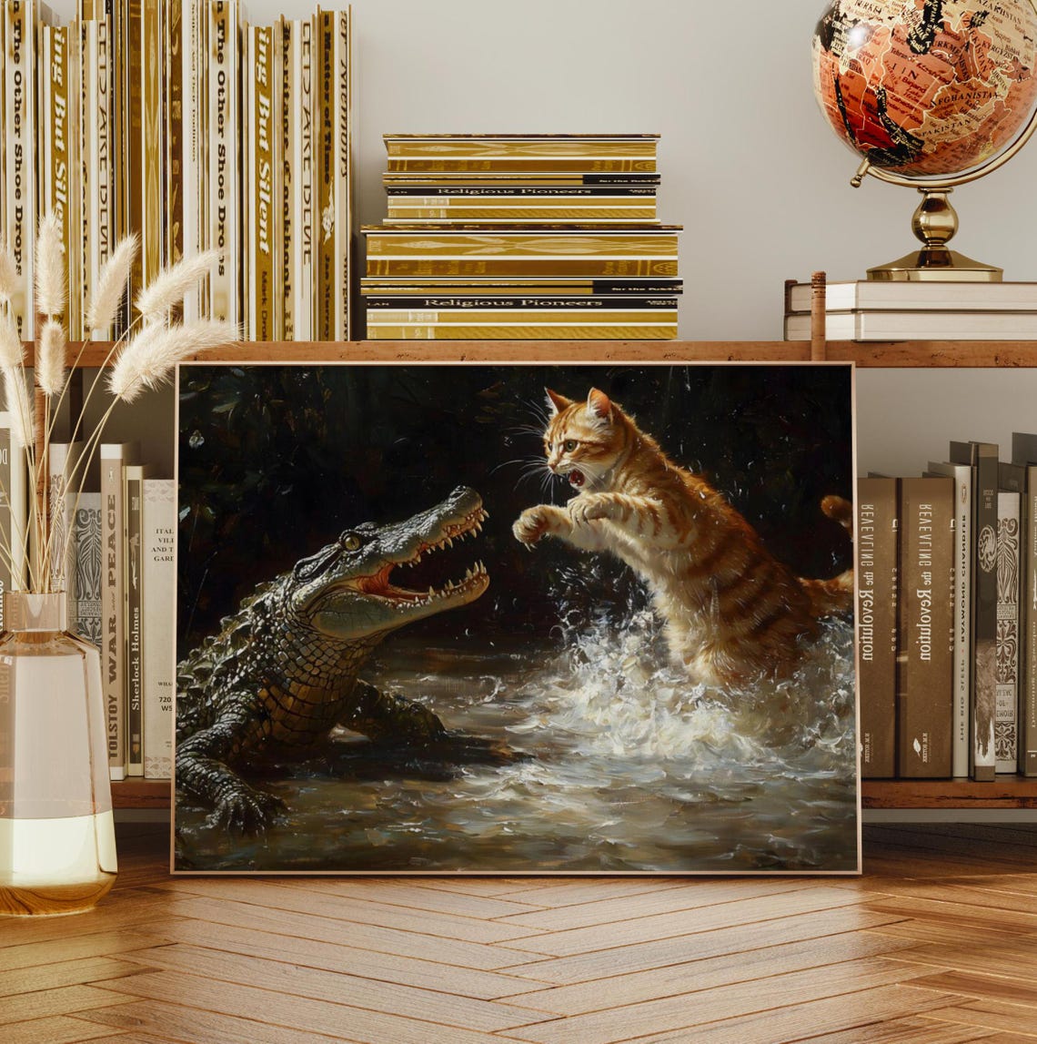 Ginger Kitten Fighting Alligator Vintage Funny Oil Painting Art Print