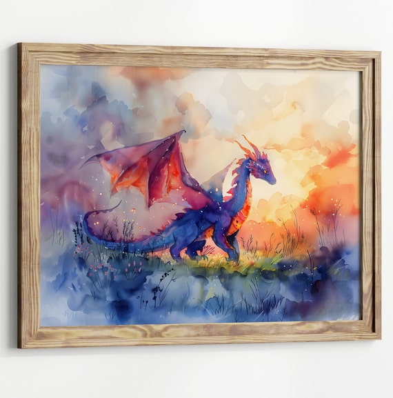 Nursery Dragon With Wildflowers Watercolor Art Print