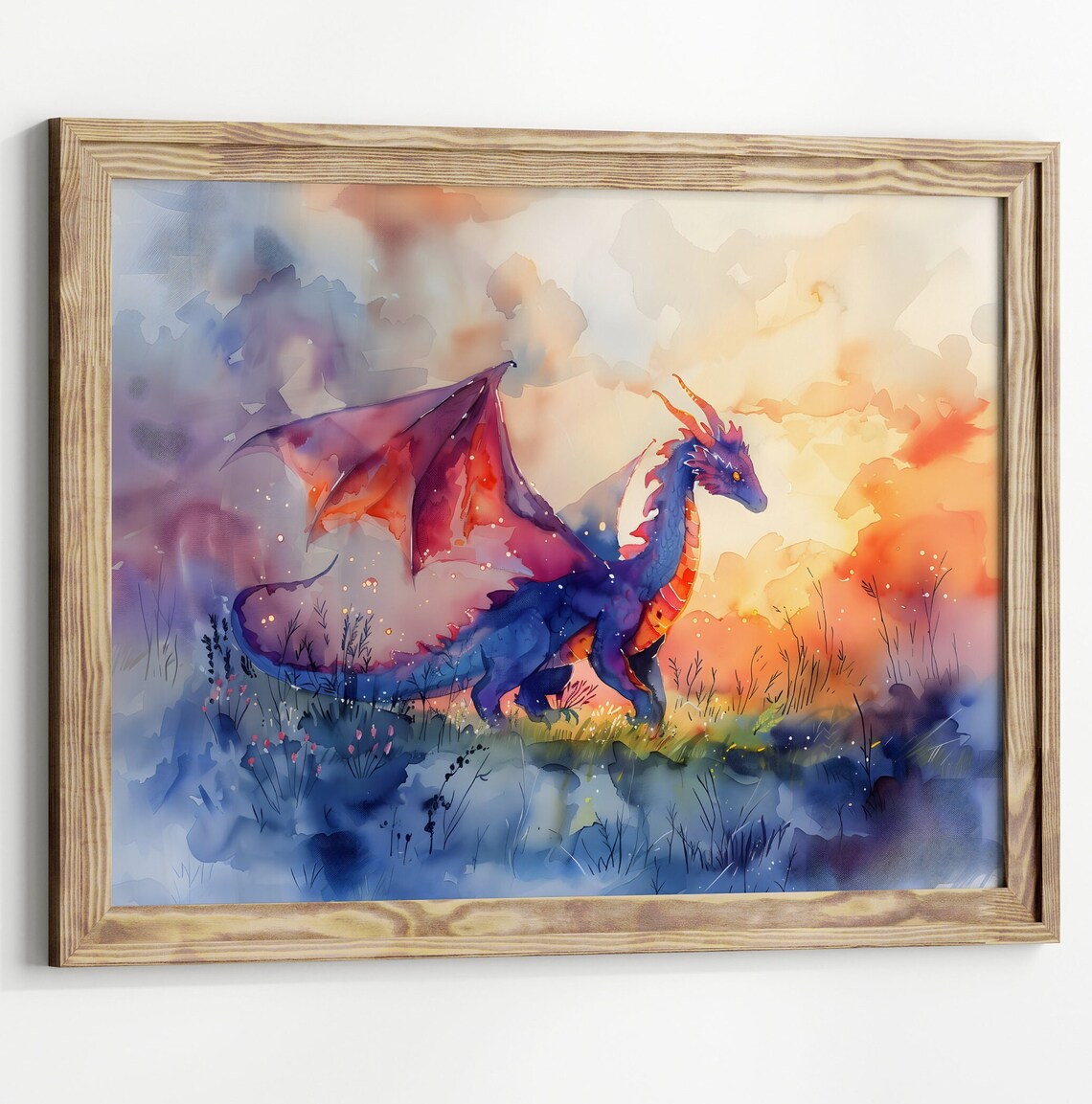 Nursery Dragon With Wildflowers Watercolor Art Print