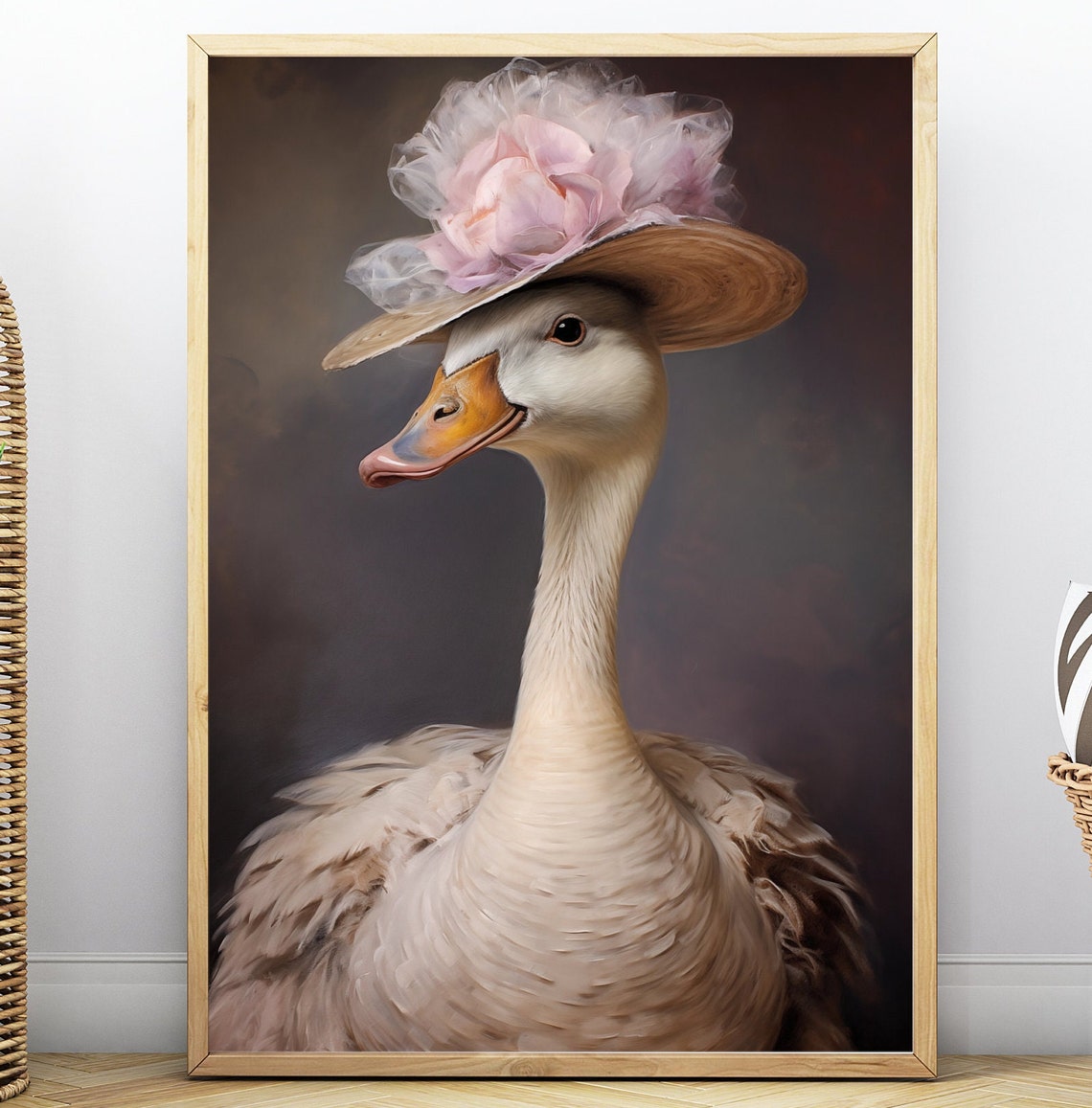 Coquette Pink Goose Flower Straw Hat Vintage Portrait Wall Art - Image 2