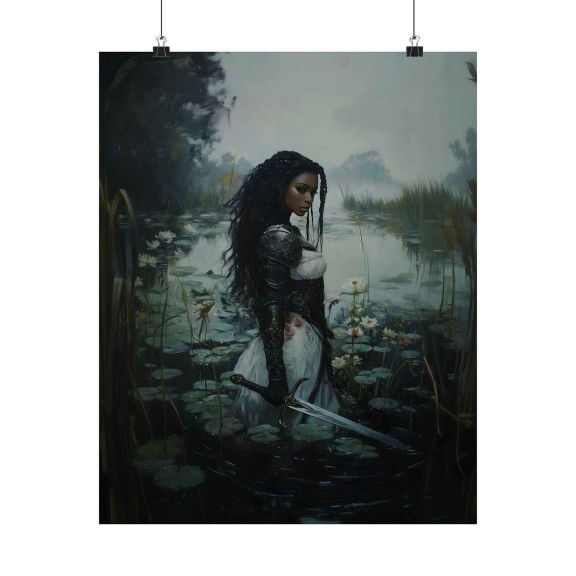 Female Knight In Armor Standing In Misty Lily Pond Sword Art Print - Image 2