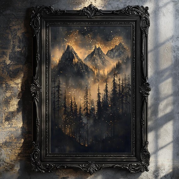 Moody Dark Abstract Night Sky Stars Print Pine Forest Mountains Silhouette Academia Decor Blue Gold Maximalist Moody Celestial Bedroom