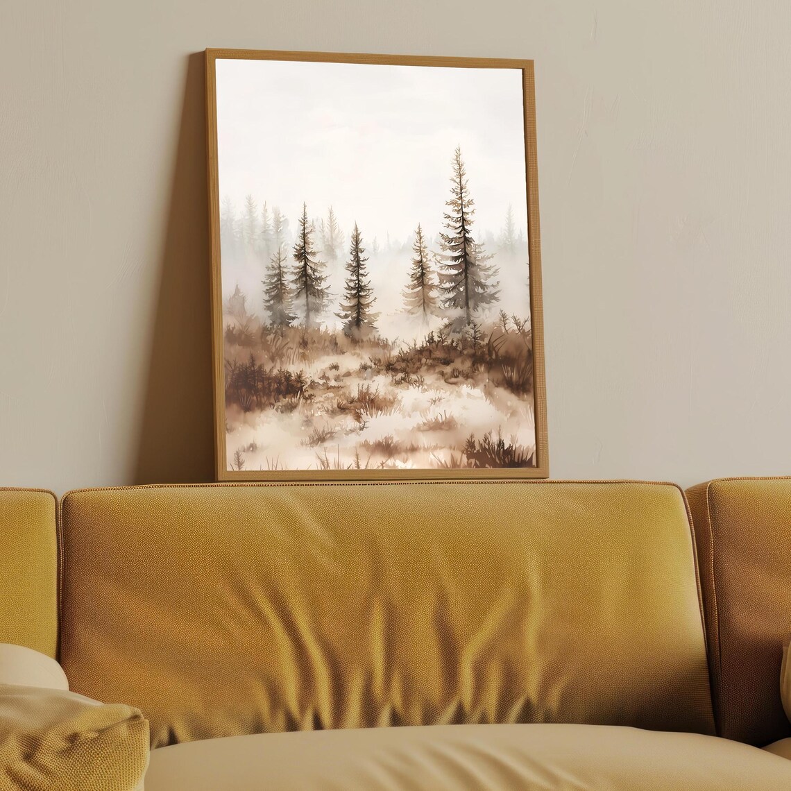 Misty Pine Forest Watercolor Sepia Foggy Woodland Landscape Art Print - Image 3