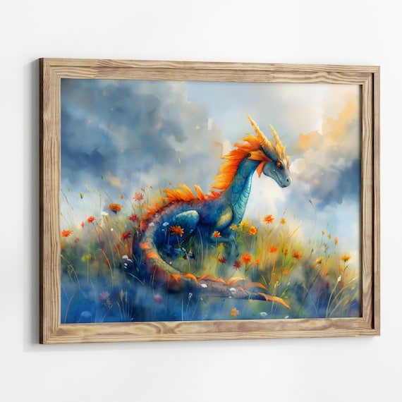 Nursery Dragon With Wildflowers Watercolor Art Poster Print Fantasy Art Forest And A Dragon Fantasy Painting Illustration Dark Academia