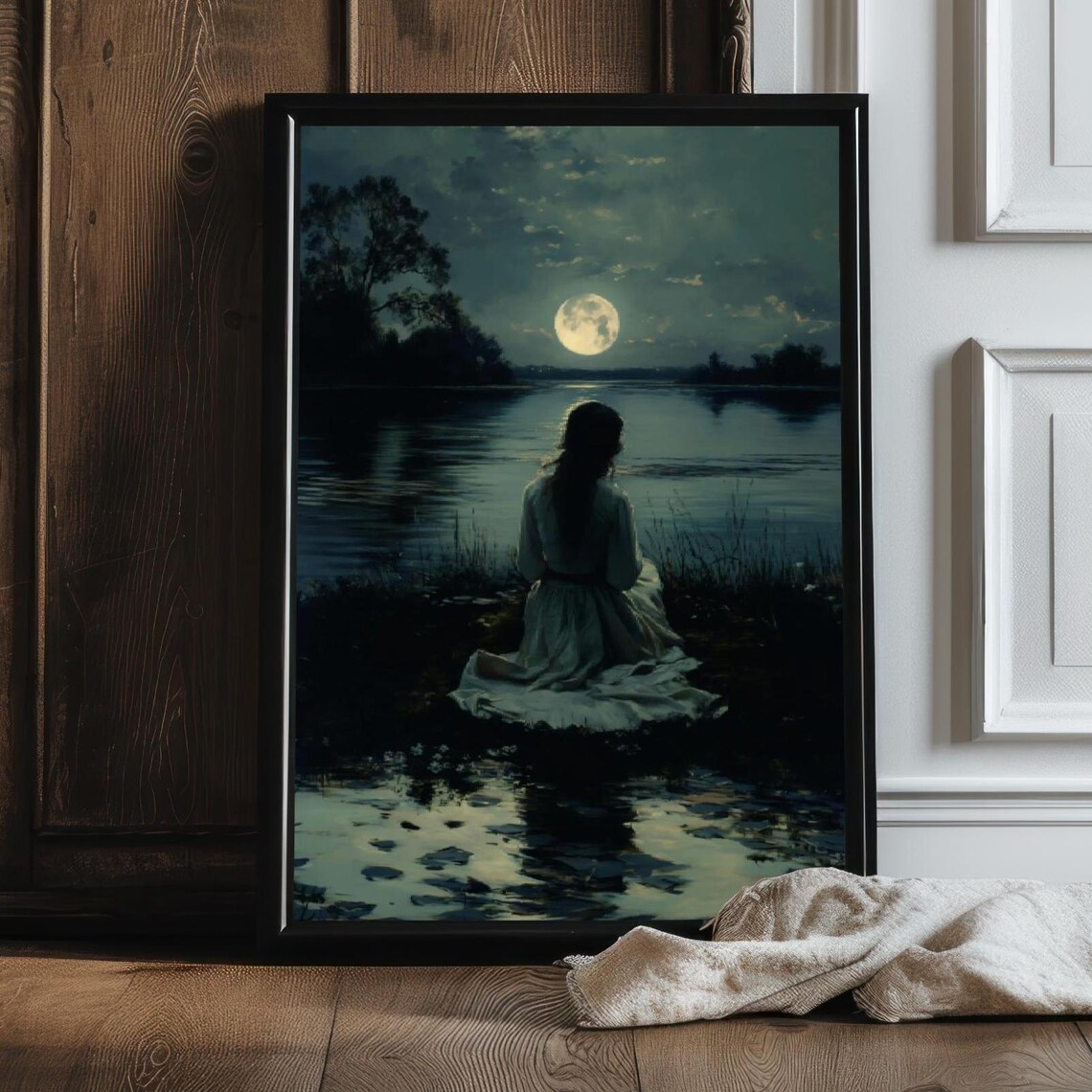 Woman In White Dress By Moonlit Lake Full Moon Night Dark Art Poster - Image 2