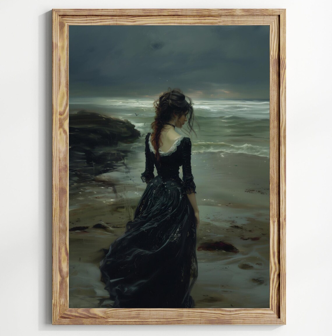 Woman Black Gown Stormy Shore Dark Sea Moody Gothic Painting Poster - Image 2