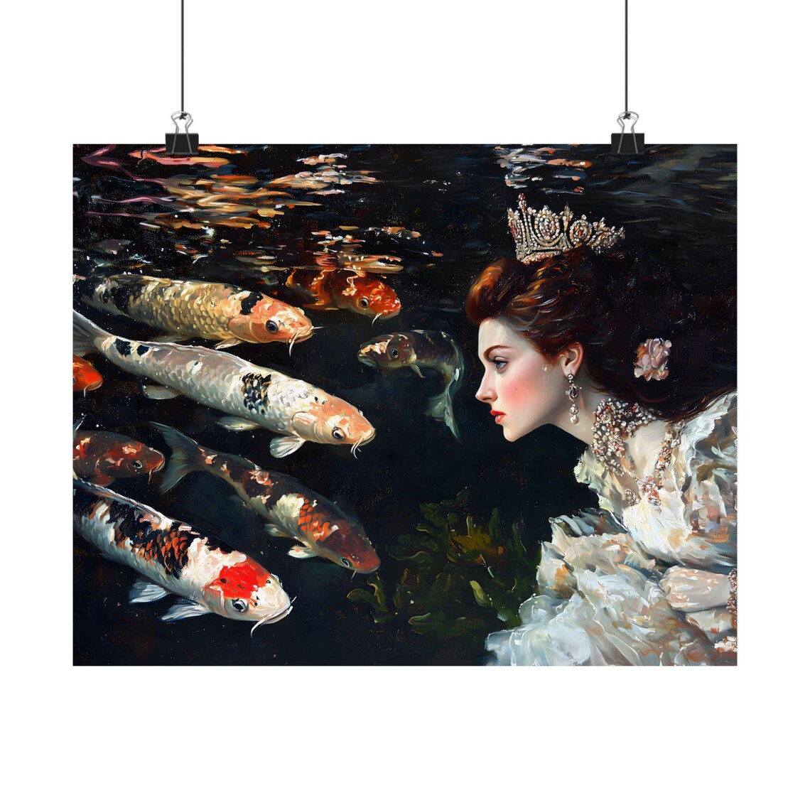 Crowned Woman Koi Fish Dark Pond Underwater Oil Painting Art Print - Image 2