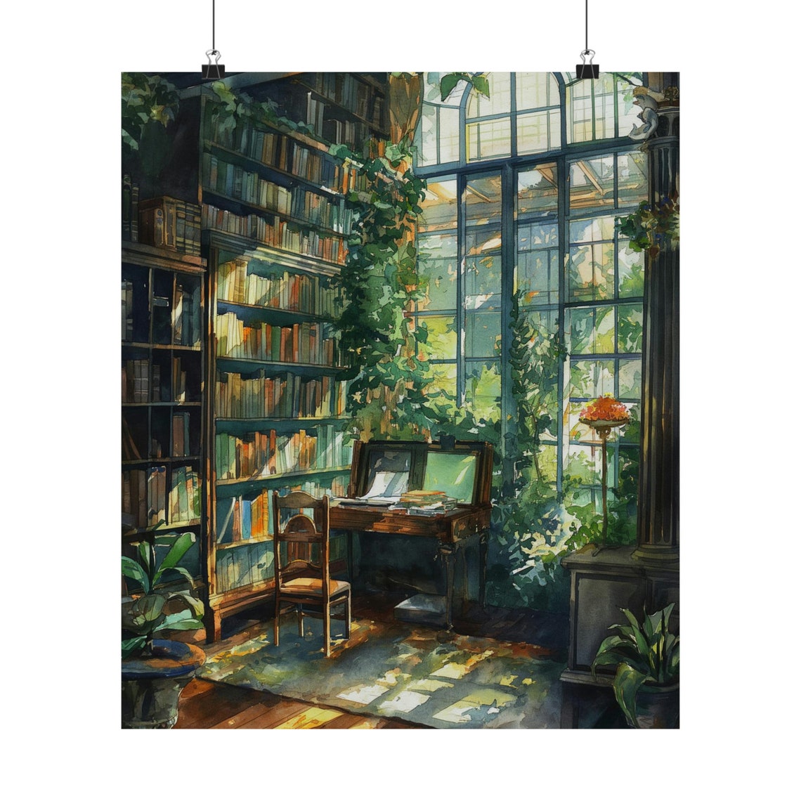 Sunlit Greenhouse Library Bookshelves Arched Windows Bookish Art Print - Image 4