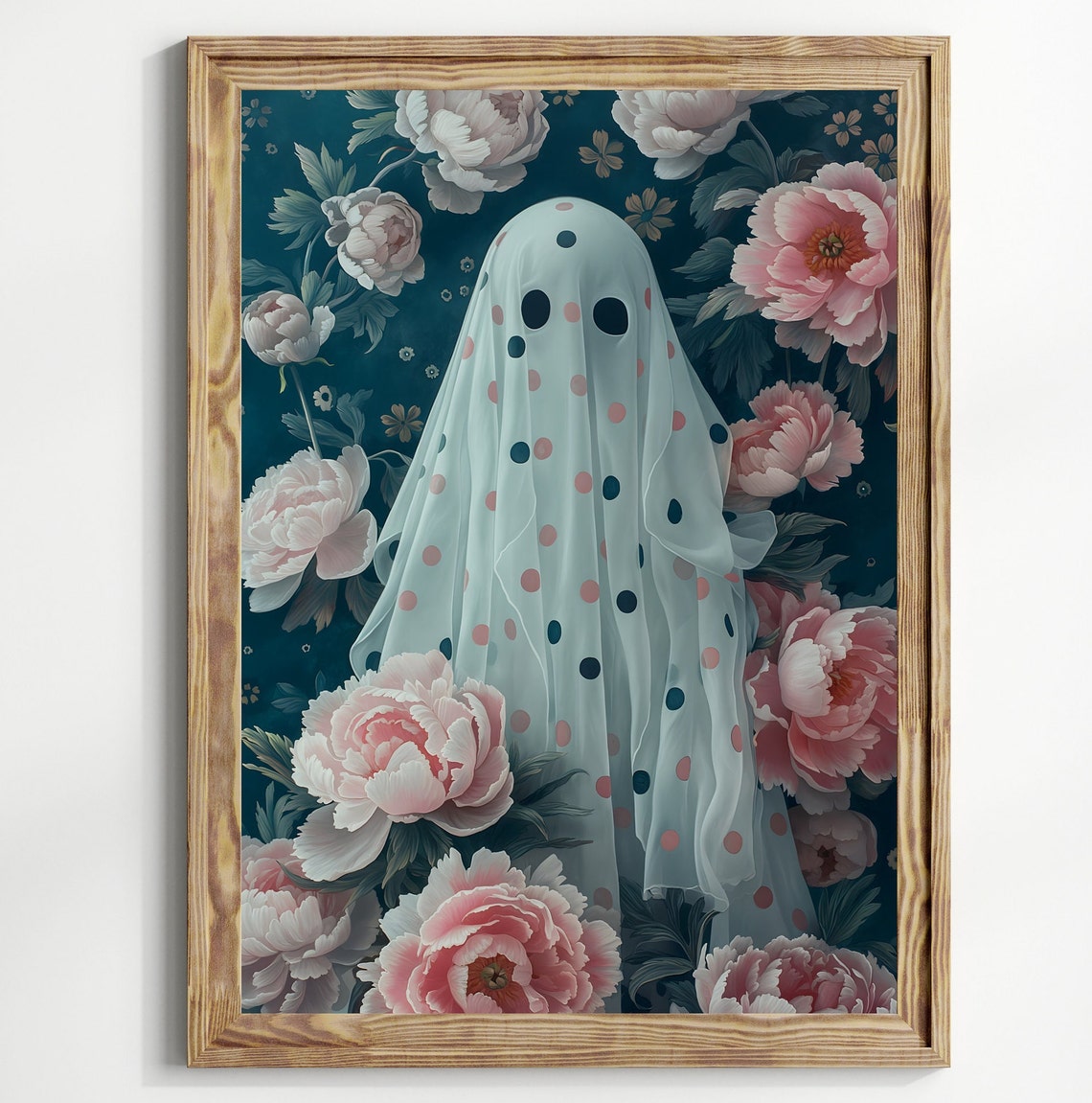 Polka Dot Ghost Among Pink Peonies Cute Floral Halloween Art Print