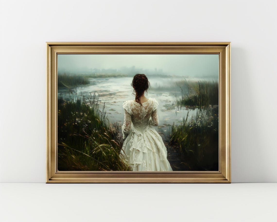 Woman In White Dress Facing Misty Lake Moody Dark Academia Art Poster - Image 2