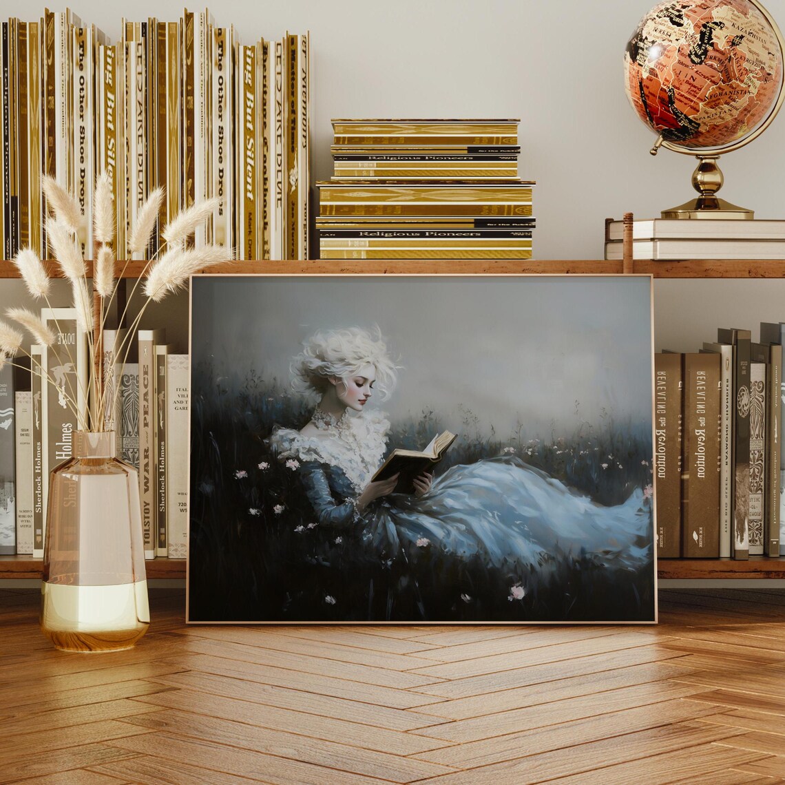 White Haired Woman Reading Book Blue Victorian Dress Dark Meadow Moody Art Print - Image 3