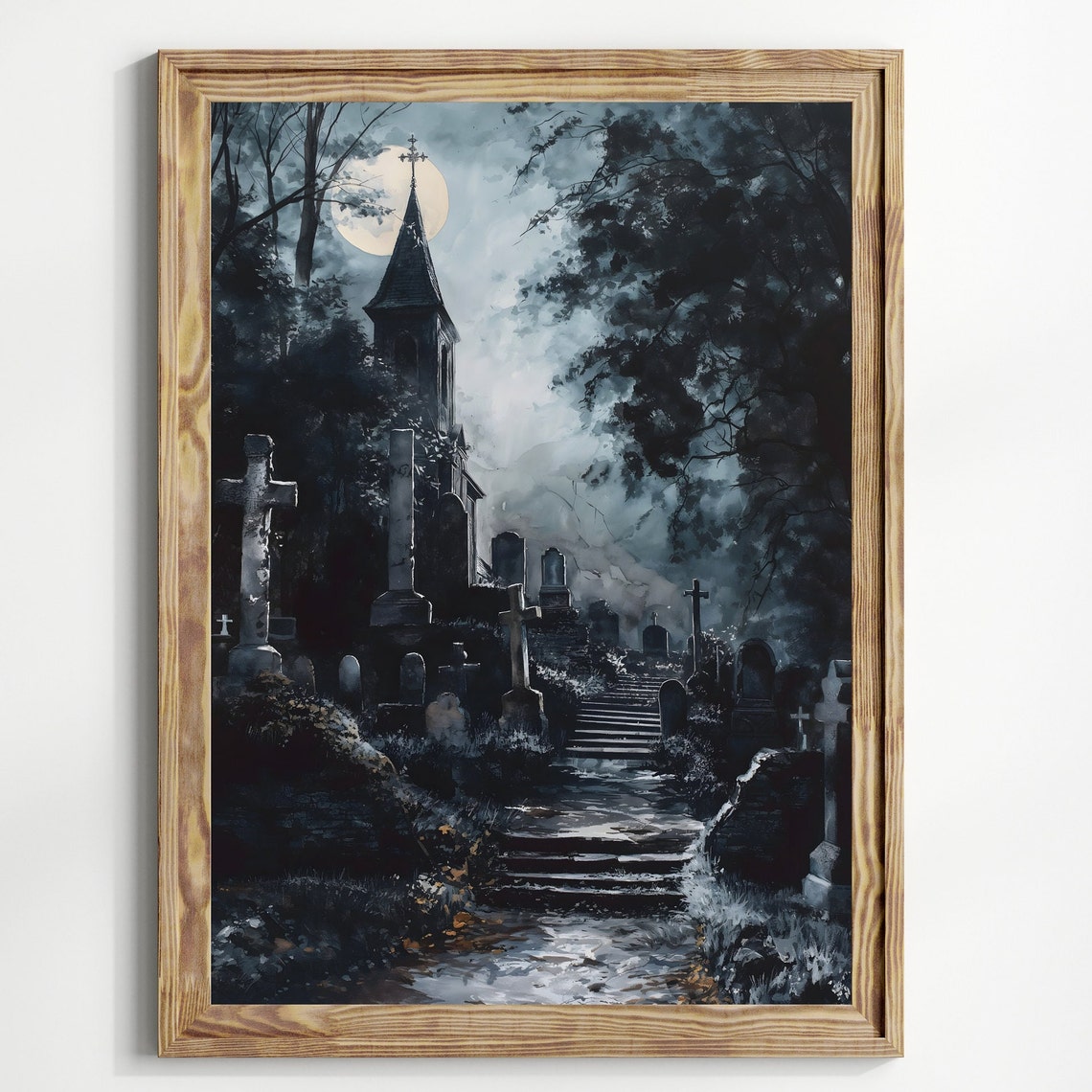 Dark Gothic Cemetery Chapel Under Moonlight Haunted Night Art Print - Image 3