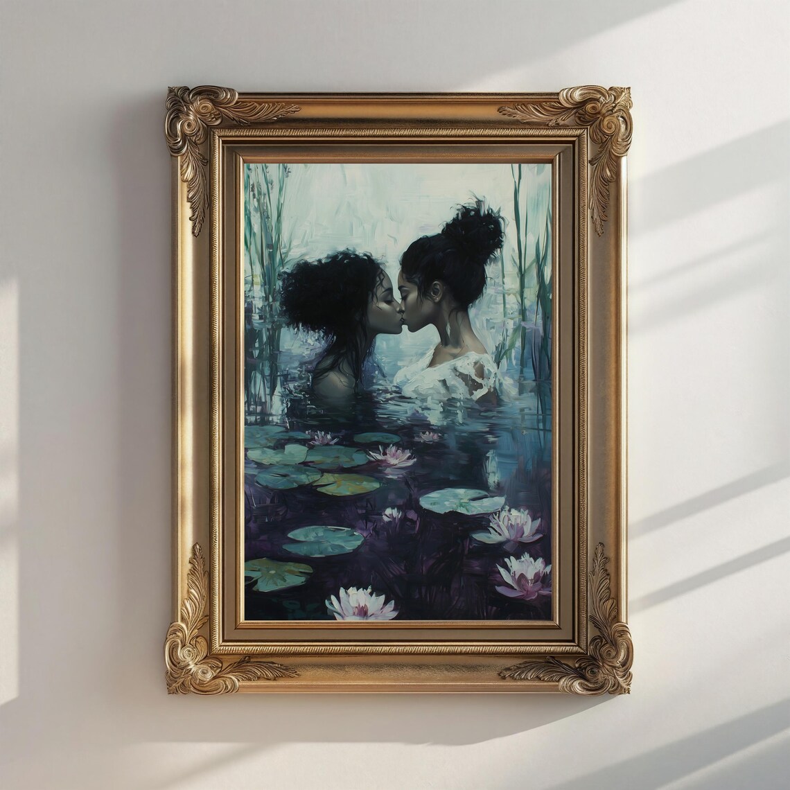 Two Women Kissing in Water Among Lily Pads Dark Romantic Art Print - Image 2