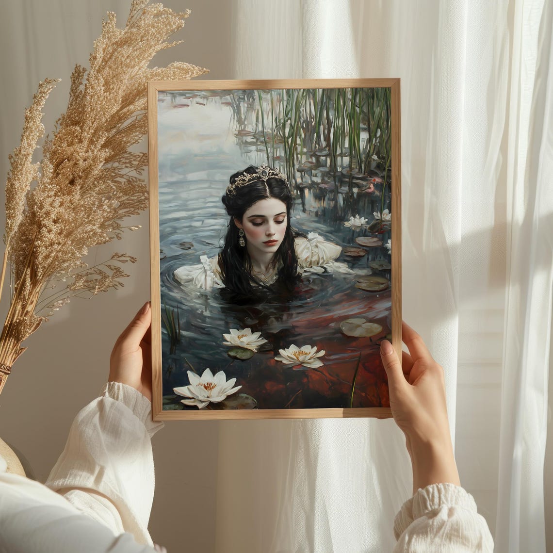 Crowned Lady in White Gown Floating in Lily Pond Dark Art Print - Image 2