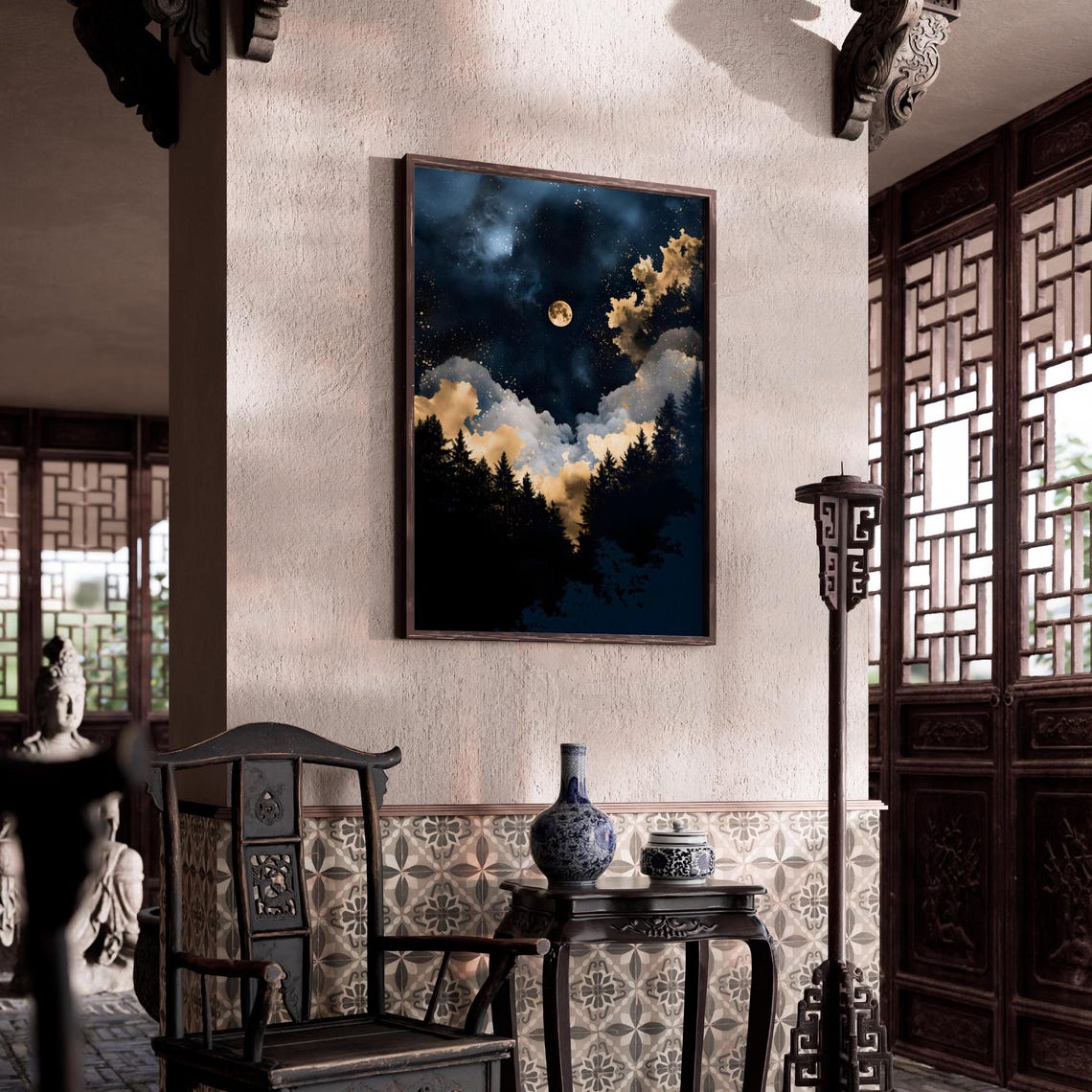 Full Moon Above Golden Clouds And Dark Pines Starry Night Wall Art - Image 2