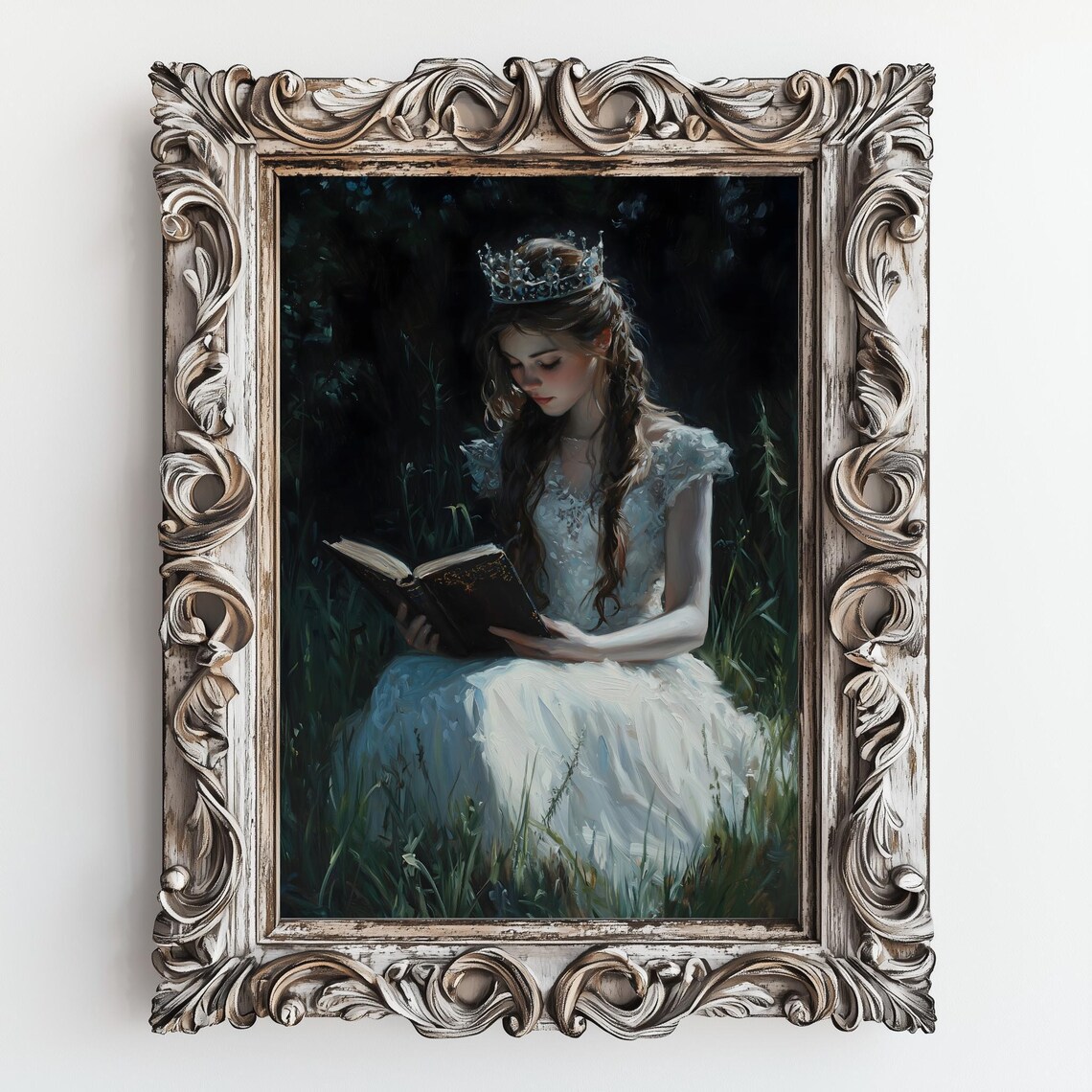 Crowned Girl Reading Book Dark Night Meadow Bookish Oil Painting Print - Image 3